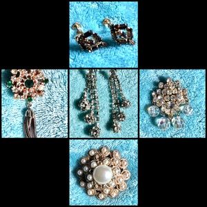 Vintage Jewelry Lot - 2 pair of gorgeous rhinestones clip on earrings, 3 pins